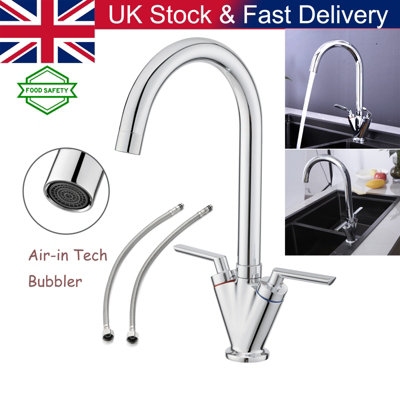 BATHWEST Kitchen Taps Mixer Swan Neck Dual Lever 360 Swivel Kitchen Mixer Tap Multi-Layer Chrome Brass Kitchen Sink Tap