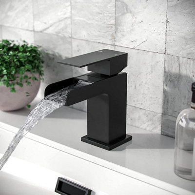 BATHWEST Matte Black Basin Mixer Taps Waterfall Square Mono Bathroom Sink Mixer Tap with waste