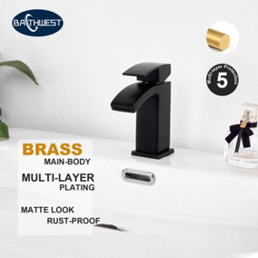 BATHWEST Matte Black Brass Single Lever Waterfall Clackroom Taps for Bathroom Single Hole with UK Standard Hose