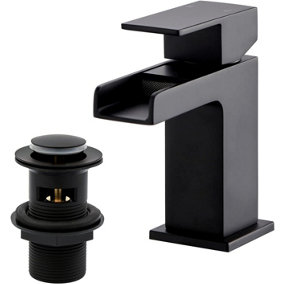 BATHWEST Matte Black Waterfall Square Basin Taps with Pop Up Waste Basin Mixer Taps with Drain Monobloc