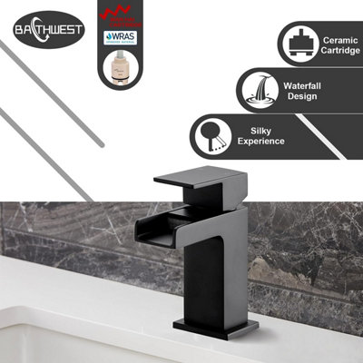 BATHWEST Matte Black Waterfall Square Basin Taps with Pop Up Waste Basin Mixer Taps with Drain Monobloc