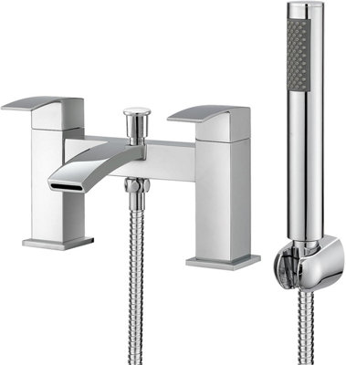 BATHWEST Square Waterfall Bath Taps with Shower Bath Mixer Taps with Shower Chrome Solid Brass Bathroom Sink Taps