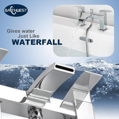 BATHWEST Square Waterfall Bath Taps with Shower Bath Mixer Taps with Shower Chrome Solid Brass Bathroom Sink Taps - 3