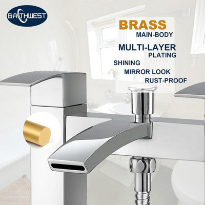 BATHWEST Square Waterfall Bath Taps with Shower Bath Mixer Taps with Shower Chrome Solid Brass Bathroom Sink Taps - 4