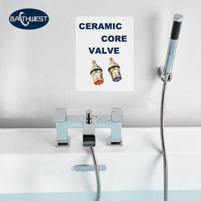 BATHWEST Square Waterfall Bath Taps with Shower Bath Mixer Taps with Shower Chrome Solid Brass Bathroom Sink Taps - 5