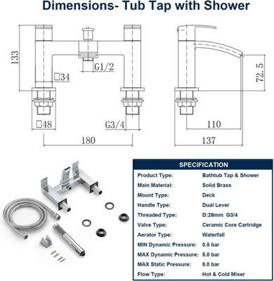 BATHWEST Square Waterfall Bath Taps with Shower Bath Mixer Taps with Shower Chrome Solid Brass Bathroom Sink Taps - 6