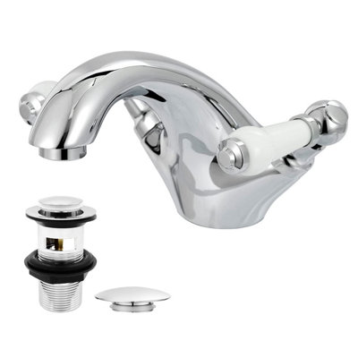 BATHWEST Traditional Victorian Bathroom Monobloc Basin Sink Mixer Taps Twin Lever with Waste