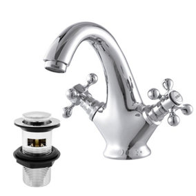 BATHWEST Victorian Basin Mixer Taps Chrome Brass Cross Handle Bathroom Sink Taps with Waste Faucet