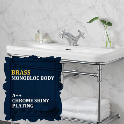 BATHWEST Victorian Bathroom Sink Tap for Basin with Pop Up Sink Plug Dual Cross Lever Chrome Brass Swan Neck Waste
