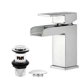 BATHWEST Waterfall Basin Taps Square Chrome Brass Bathroom Sink Taps for Basin Mixer Taps & Waste Faucet