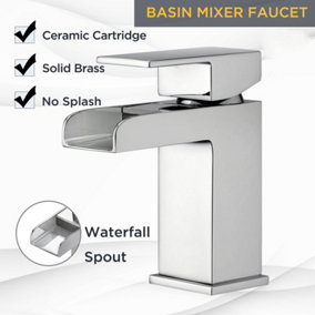 BATHWEST Waterfall Basin Taps Square Chrome Brass Bathroom Sink Taps for Basin Mixer Taps