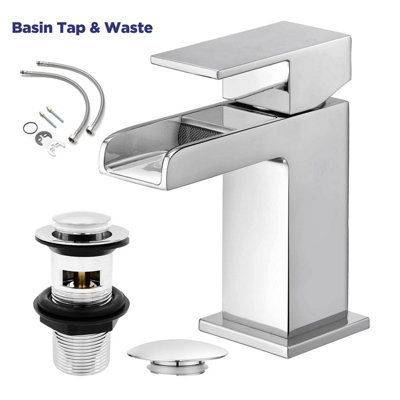 BATHWEST Waterfall Basin Taps with Drainer Square Chrome Brass Cloakroom Bathroom Sink Taps for Basin with Waste