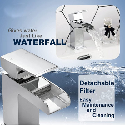 BATHWEST Waterfall Basin Taps with Drainer Square Chrome Brass Cloakroom Bathroom Sink Taps for Basin with Waste