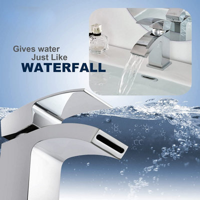 BATHWEST Waterfall Bathroom Basin Mixer Taps & Drainer Mono Sink Mixer Taps with Waste