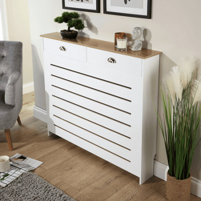 Batley White & Sonoma Oak Medium Radiator Cover with Dual Storage Drawers