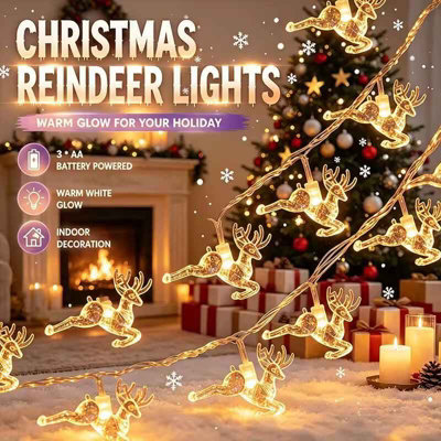 Battery Operated Reindeer Christmas String Lights Warm White LED Fairy ...