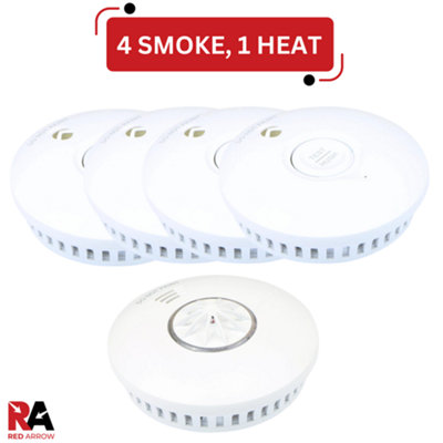 Battery Operated Smoke Detectors & Heat Alarm RF Interconnect: 4 Smoke / 1 Heat