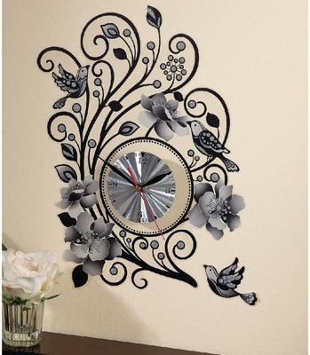 Battery Operated Wall Sticker Clock - Silver Swirling Floral Design ...