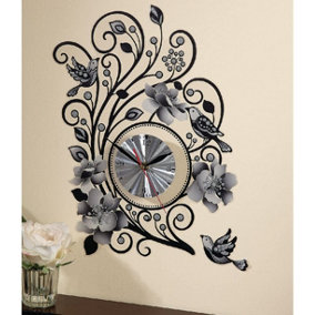 Battery Operated Wall Sticker Clock - Silver Swirling Floral Design Home Decoration - Measures H40.5 x W29cm