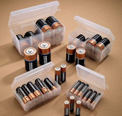 Battery Organiser Set - 4 x Handy Clear Plastic Storage Boxes - Holds 12 x AAA, 12 x AA, 8 x C and 8 x D Batteries