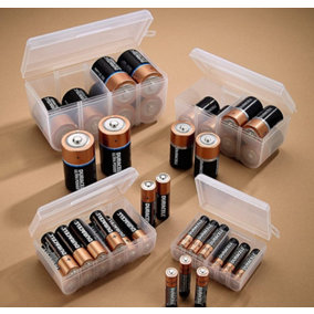 Battery Organiser Set - 4 x Handy Clear Plastic Storage Boxes - Holds 12 x AAA, 12 x AA, 8 x C and 8 x D Batteries