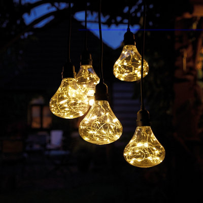 Battery Powered Bubbles 5 Drop Pendant Light with Warm White LED's - Weatherproof Home or Garden Hanging Staggered Height Lighting