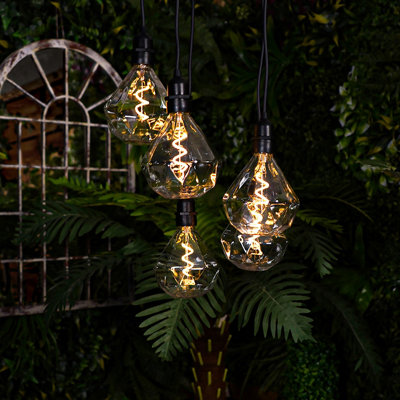 Battery Powered Diamond Bulb 5 Drop Pendant Light with White LED's - 14 Lumen Weatherproof Home or Garden Hanging Lighting