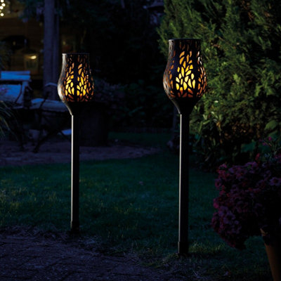 Battery Powered Grey Metal Tulip Torch Weatherproof Outdoor Garden Flame Effect LED Stake Light with Remote