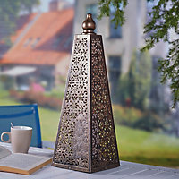 Battery Powered Moroccan Style Pyramid Lantern Lamp - Weatherproof Bronze Effect Home or Garden LED Light - H45 x 15cm Diameter
