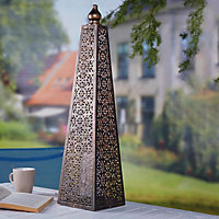 Battery Powered Moroccan Style Pyramid Lantern Lamp - Weatherproof Bronze Effect Home or Garden LED Light - H60 x 15cm Diameter