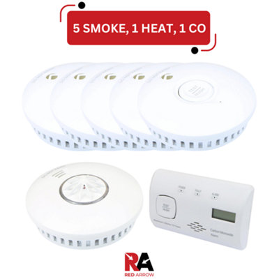 Battery Smoke Detectors, Heat Alarm & Carbon Monoxide Detector RF Interconnect: 5 Smoke / 1 Heat / 1 CO