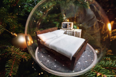 Bauble with a double bed, old microwave, and fridge inside.