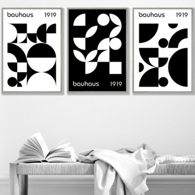 Bauhaus Black & White Geometric Set of 3 Wall Art Prints with Light ...
