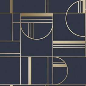 Bauhaus Geometric wallpaper in navy & gold