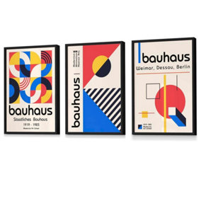 Bauhaus Red Blue & Yellow Geometric Set of 3 Wall Art Prints / 42x59cm (A2) / Black Frame