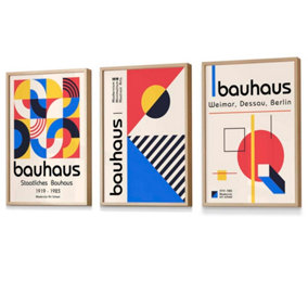 Bauhaus Red Blue & Yellow Geometric Set of 3 Wall Art Prints / 42x59cm (A2) / Oak Frame