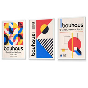 Bauhaus Red Blue & Yellow Geometric Set of 3 Wall Art Prints / 42x59cm (A2) / White Frame