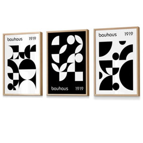 Bauhaus Style Graphical Black & White Geometric Set of 3 Wall Art Prints / 42x59cm (A2) / Oak Frame