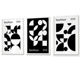 Bauhaus Style Graphical Black & White Geometric Set of 3 Wall Art Prints / 42x59cm (A2) / White Frame