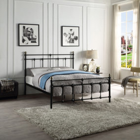 BAYFORD TRADITIONAL BLACK WITH BRASS KNOBS METAL DOUBLE BED FRAME