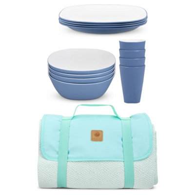 Bayside Blue Pool 12 Piece Two Tone Picnic Tableware Set with ...
