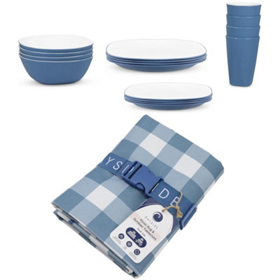Bayside Blue Pool 16 Piece Picnic Tableware with Waterproof Picnic Blanket