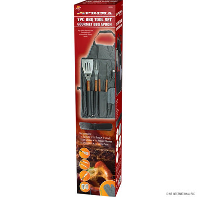 BBQ Apron Cooking Tool Set 7pc Oven Glove Tongs Spatula Salt Pepper Shaker