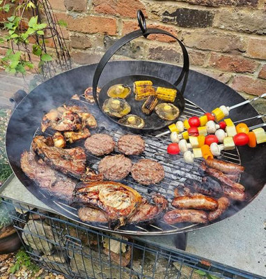 BBQ Fire Pit Kadai Steel Cooking Bowl 70cm Diameter 3 in 1 Authentic Hand Made Steel Indian Karai with stand and grill