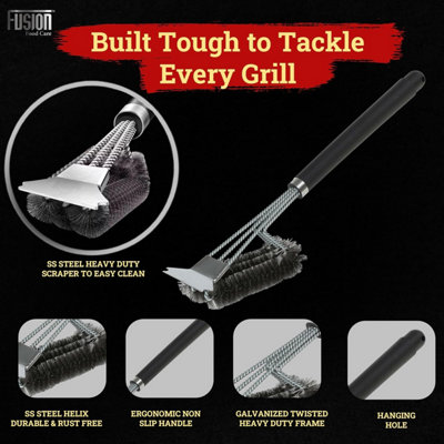 BBQ Wire Brush Wide Head with Ergonomic Handle, Stainless Steel Helix & Scraper Durable BBQ Cleaning Tool for Grates & Grills