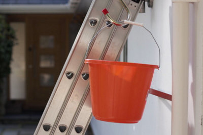 Bucket hanging from a ladder. Bucket handle has been hooked over an s hook which is attached to the ladder.