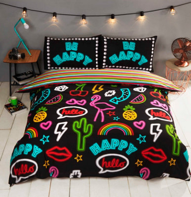 Be Happy Neon Lights Duvet Cover Set