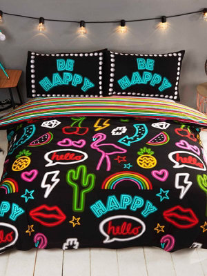 Be Happy Neon Single Duvet Cover and Pillowcase Set