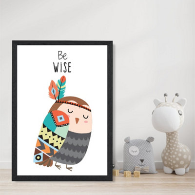 Be Wise Owl Tribal Animal Quote Art Print with Black Frame SIZE: A4
