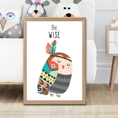 Be Wise Owl Tribal Animal Quote Framed Print SIZE: A2 with Oak Frame